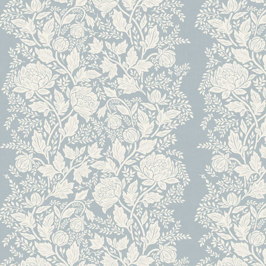Closeup view of our Peony Vines Wallpaper in Cream on Pale Blue