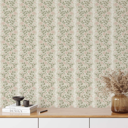 Peony Vines Wallpaper in Mauve Buds shown in an entryway
