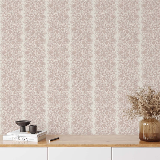Peony Vines Wallpaper in Mauve on Cream shown in an entryway