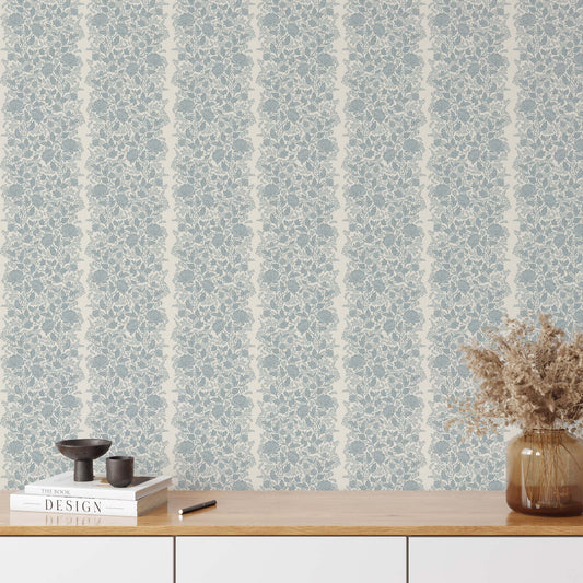 Peony Vines Wallpaper in Pale Blue on Cream shown in an entryway