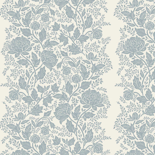 Closeup view of our Peony Vines Wallpaper in Pale Blue on Cream