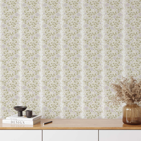 Peony Vines Wallpaper in Lilac Buds shown in an entryway