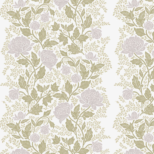 Closeup view of our Peony Vines Wallpaper in Lilac Buds