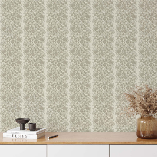 Peony Vines Wallpaper in Taupe on Cream shown in an entryway