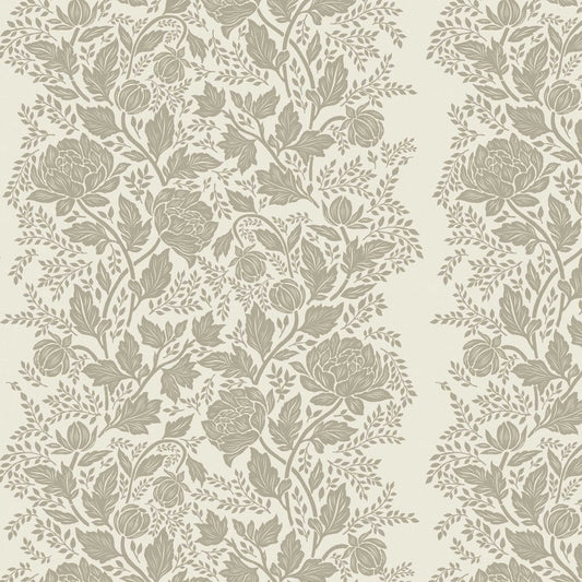 Closeup view of our Peony Vines Wallpaper in Taupe on Cream