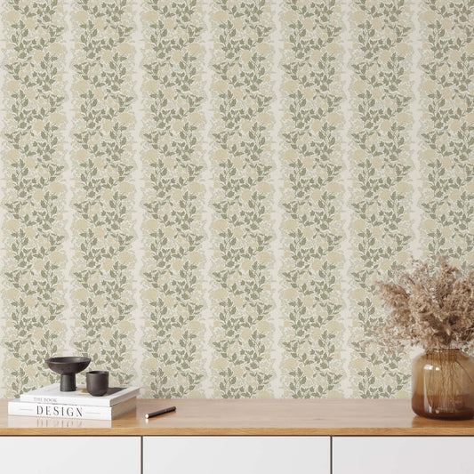 Peony Vines Wallpaper in Soft Yellow Buds shown in an entryway