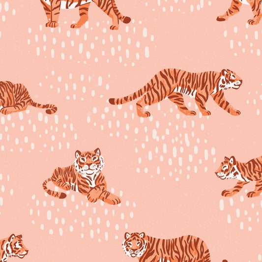 Close up of Tiger Meadow- Pink Wallpaper perfect for a nursery or playroom space.
