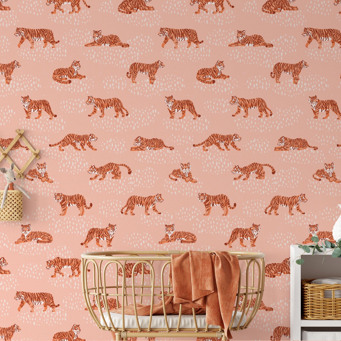 Nursery featuring our Tiger Meadow Wallpaper in Pink by artist Tayler Mitchell for Ayara