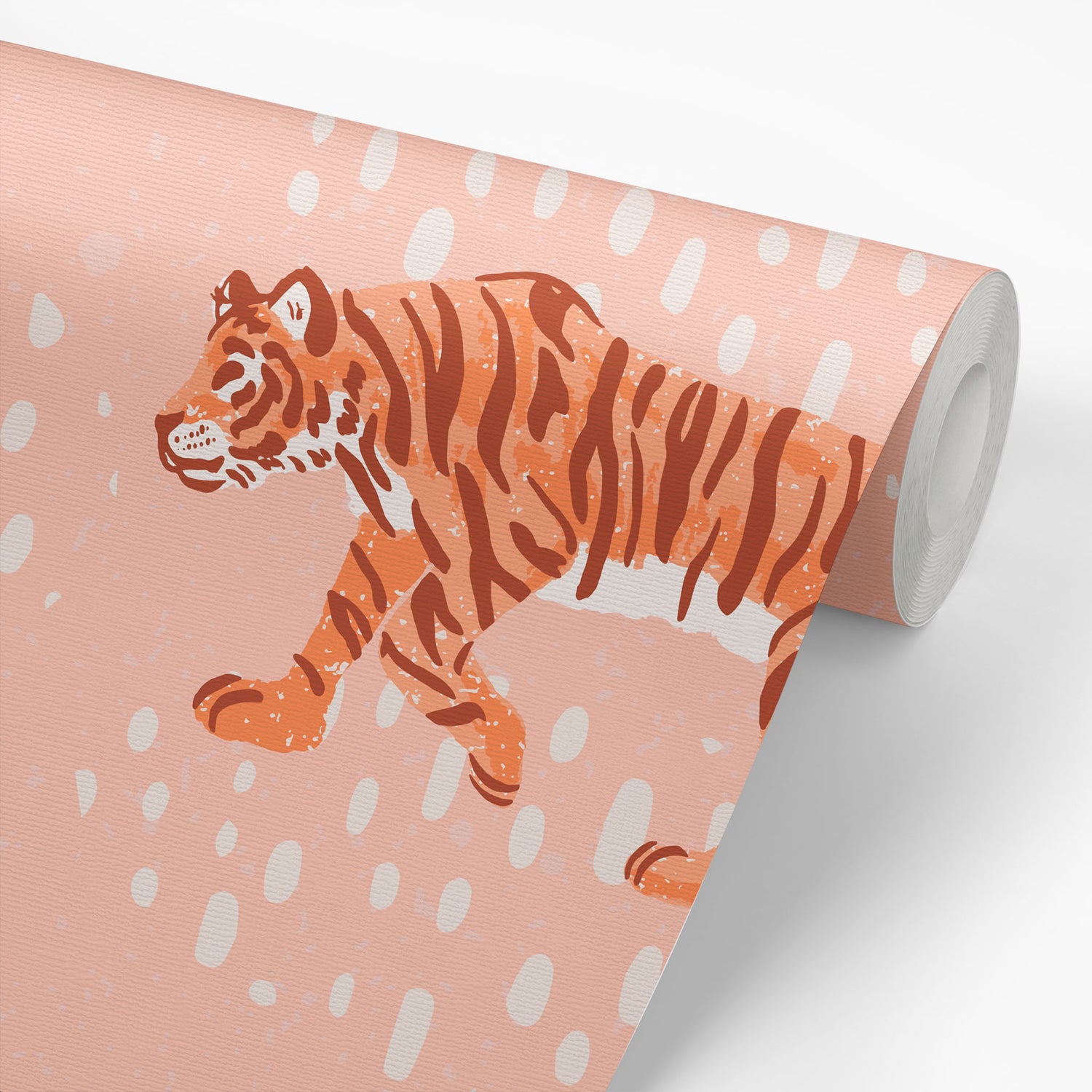 Wallpaper roll of Tiger Meadow- Pink Wallpaper perfect for a nursery or playroom space.