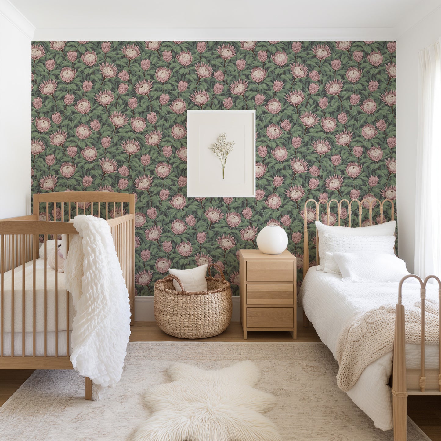 Protea Wallpaper in Dusty Mauve shown in a kids room.
