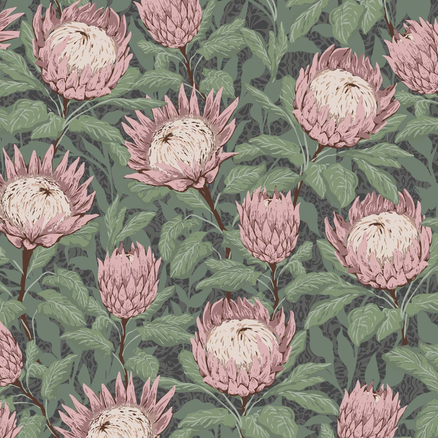 Protea Wallpaper in Dusty Mauve shown close up.