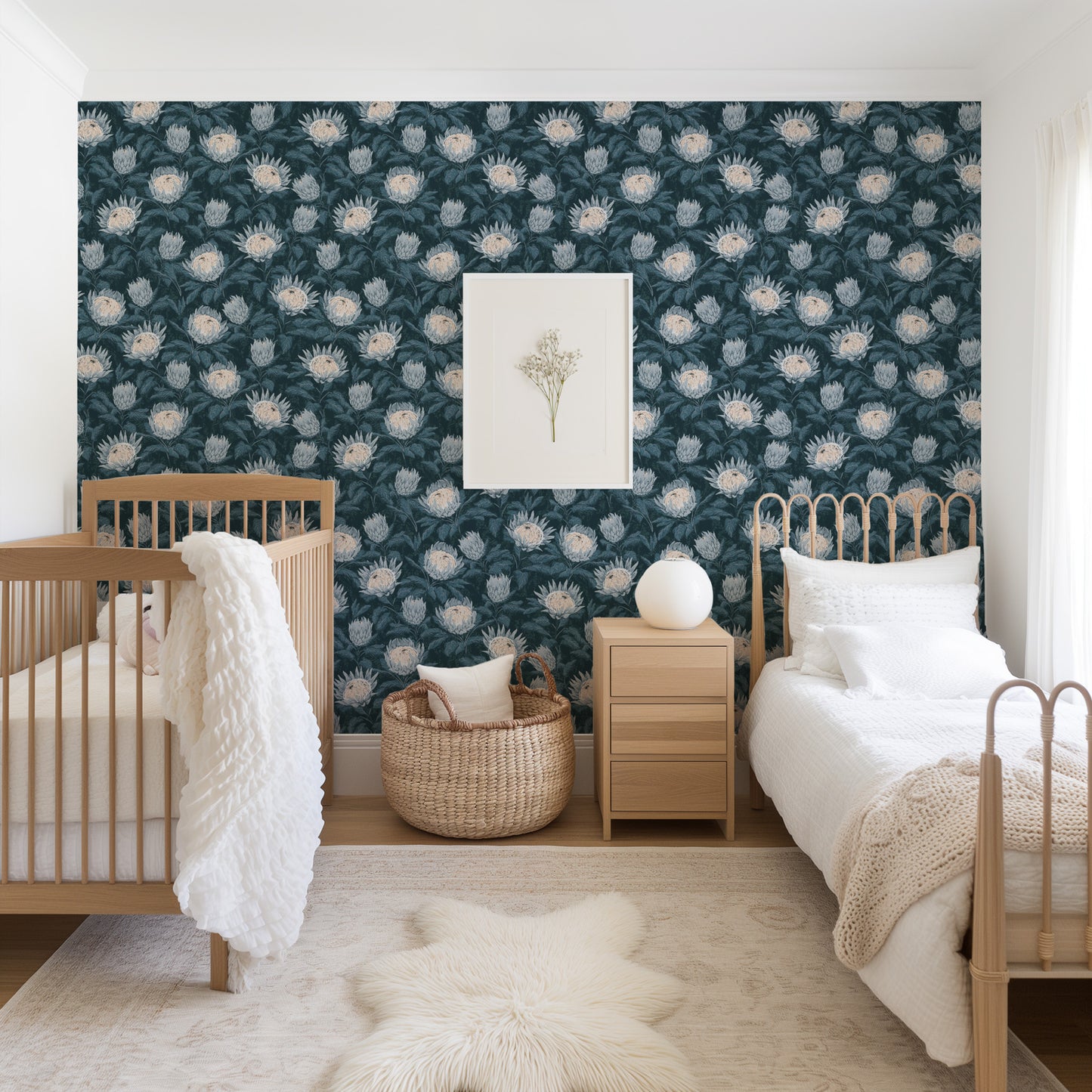 Protea Wallpaper in Midnight Blue shown in a kids bedroom.
