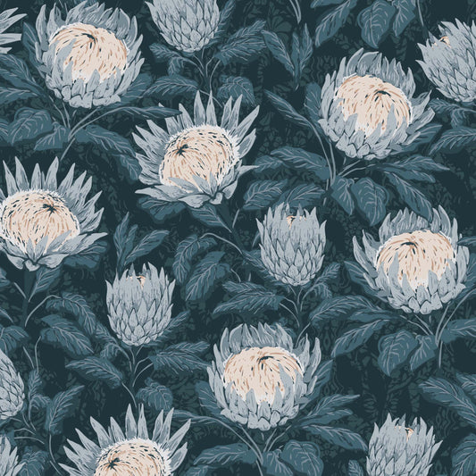 Protea Wallpaper in Midnight Blue shown close up.
