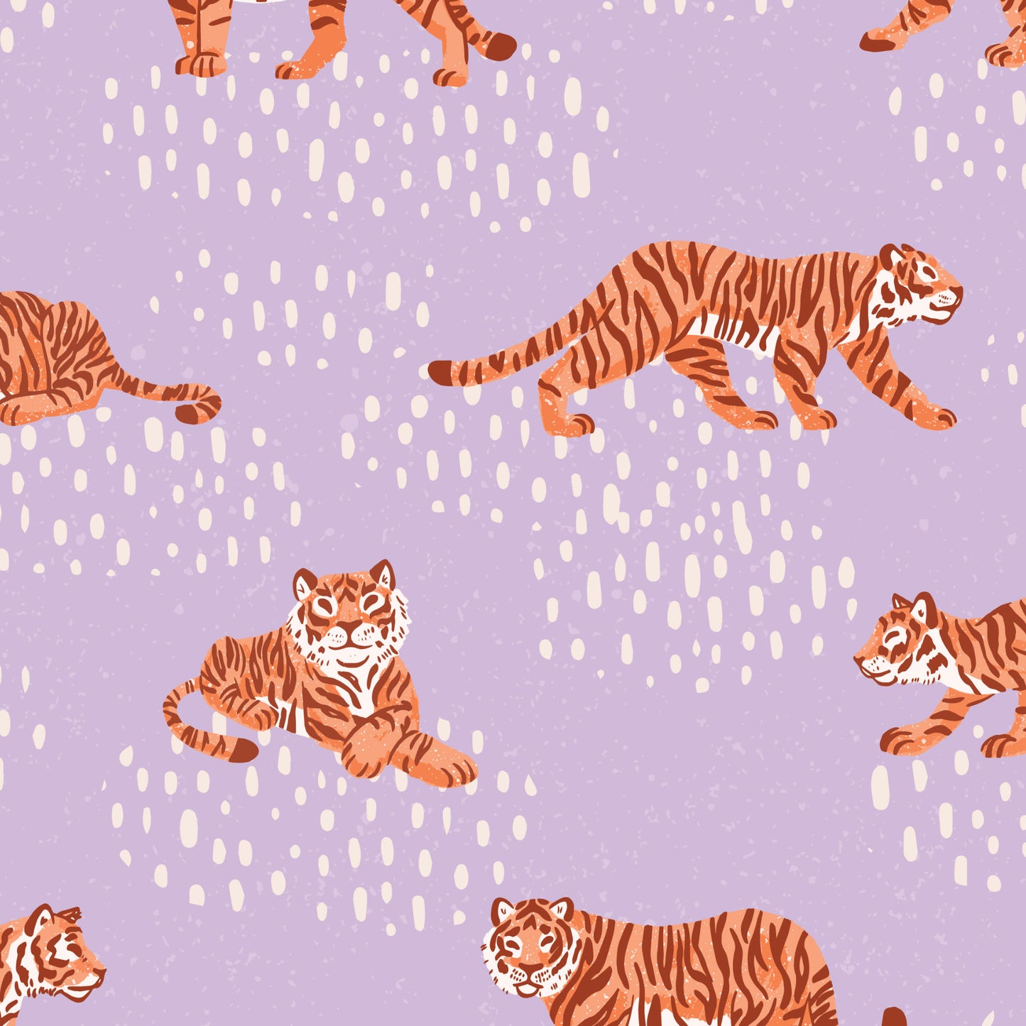 Close up of Tiger Meadow- Purple Wallpaper perfect for a nursery or playroom space.