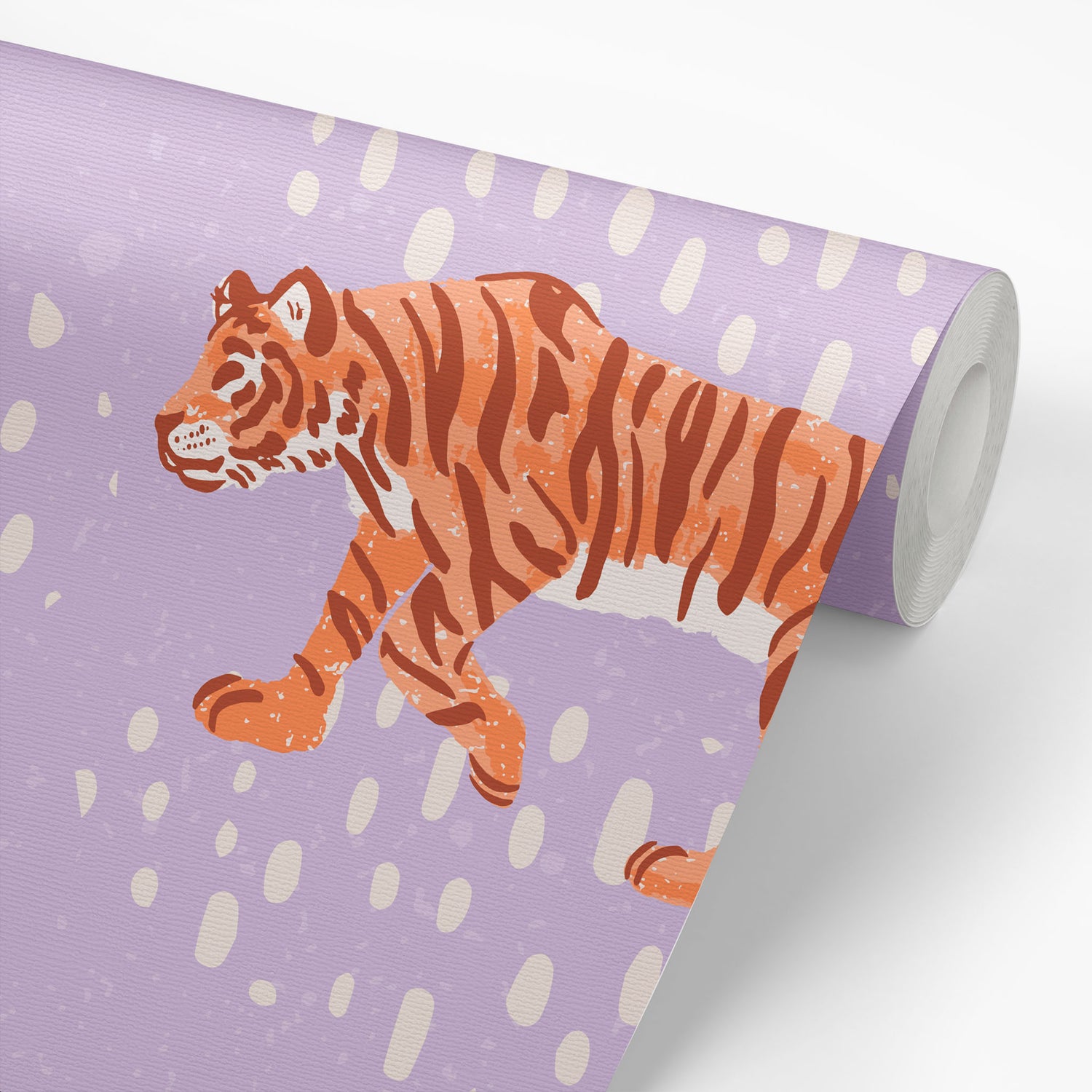 Wallpaper Roll of Tiger Meadow- Purple Wallpaper perfect for a nursery or playroom space.