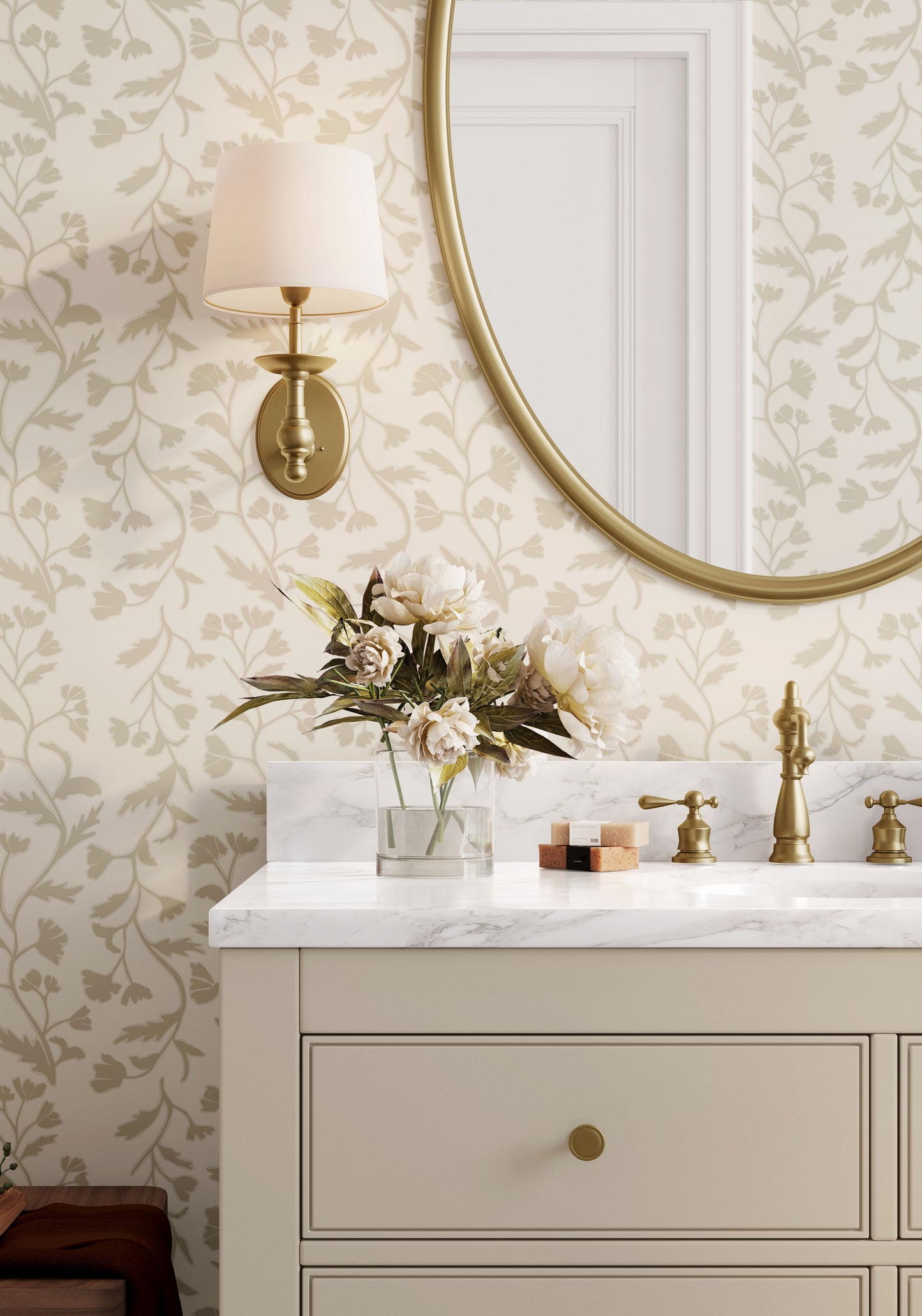 Indulge in timeless elegance and elevate your walls with Quincy Wallpaper in Cream shown in a full size image.