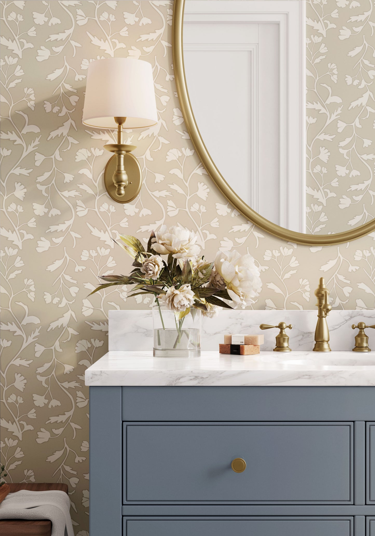 Indulge in timeless elegance and elevate your walls with Quincy Wallpaper in Tan shown in a full size image.