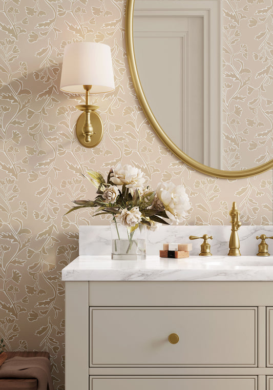 Indulge in timeless elegance and elevate your walls with Quincy Wallpaper in Rosy Taupe shown in a full size image.