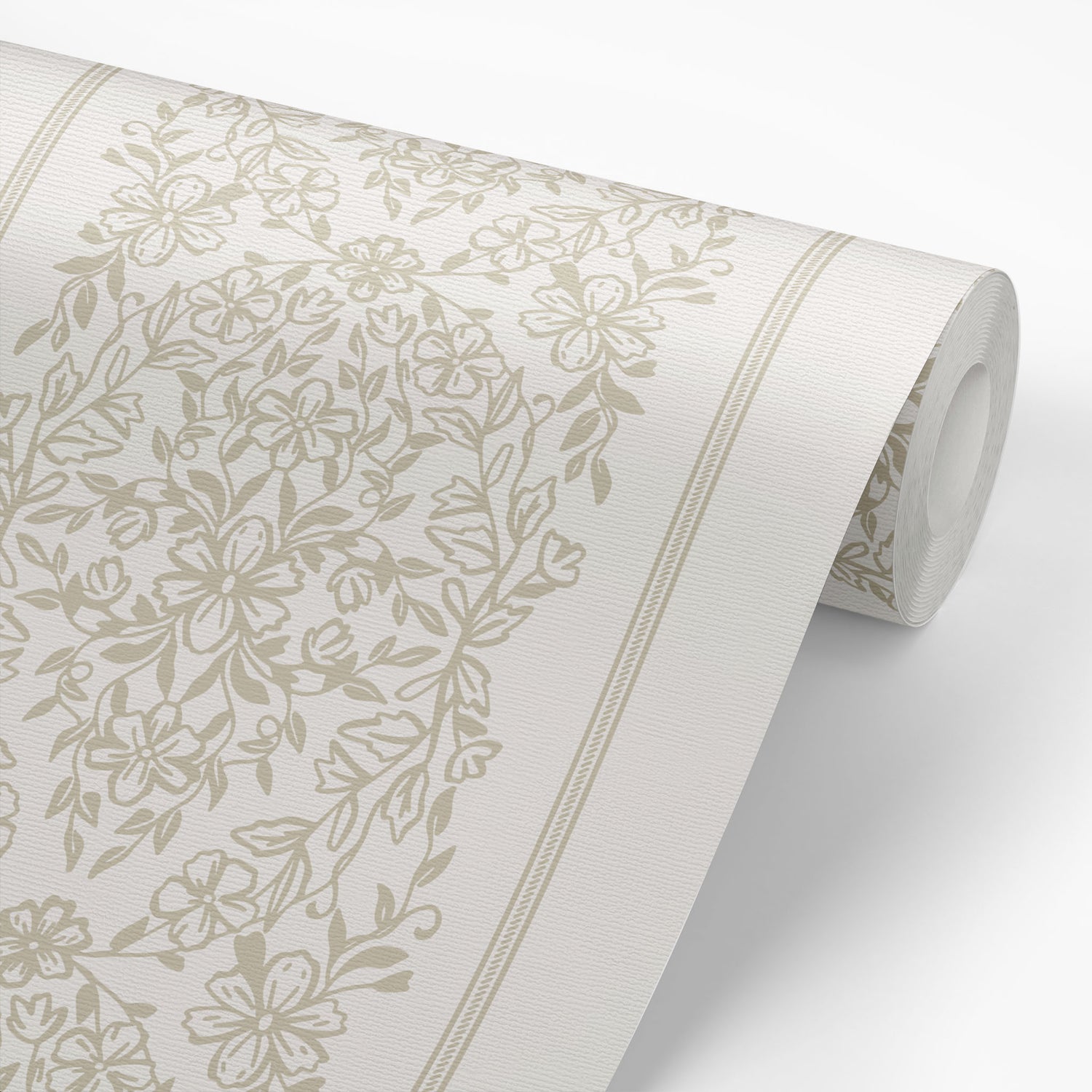 The classic and elevated design, adorned in a timeless cream hue shown on a wallpaper roll.