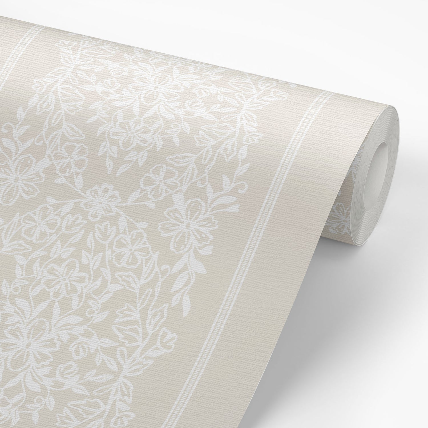 The classic and elevated design, adorned in a timeless taupe hue wallpaper shown on a wallpaper roll.