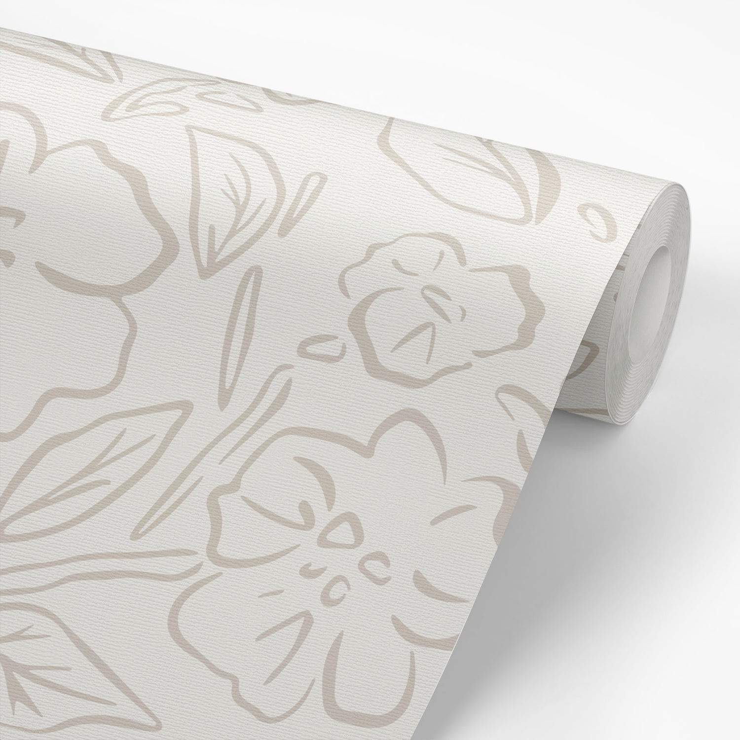 This Beverly Wallpaper in nude offers a stylish and feminine touch with its delicate floral design shown on a wallpaper roll.