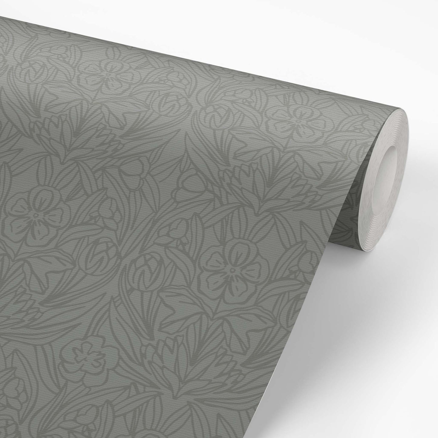 Featuring a subtle combination of florals, this green wallpaper adds a touch of elegance shown on a wallpaper roll.