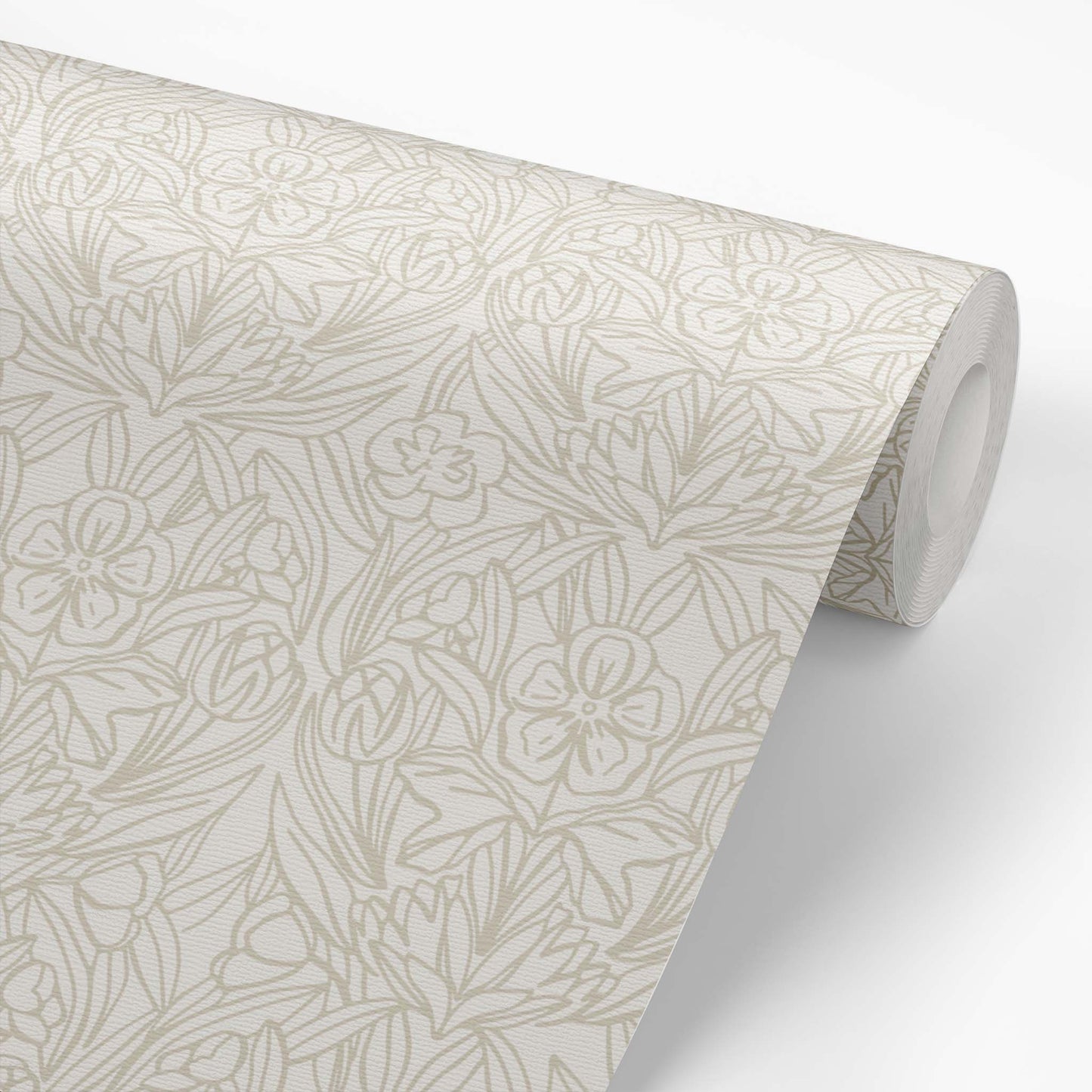 Featuring a subtle combination of florals, this taupe wallpaper adds a touch of elegance shown on a wallpaper roll.