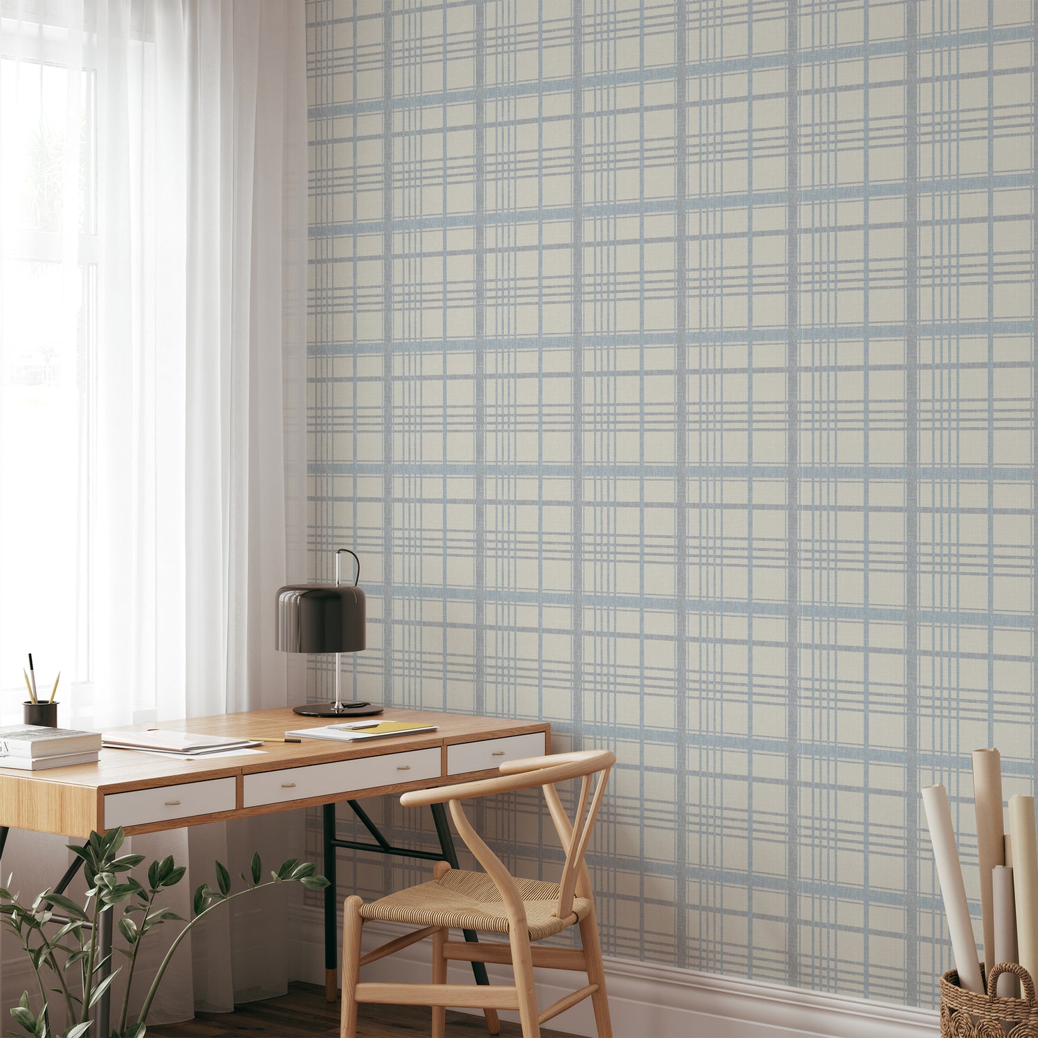 Rustic Reflections Wallpaper in Blue plaid shown in an office.