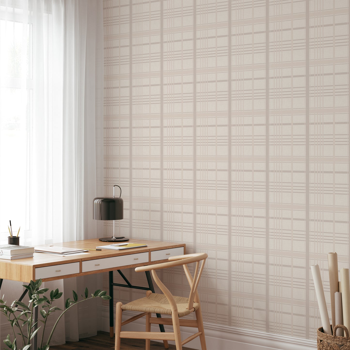 Rustic Reflections Wallpaper in Blush shown in an office.