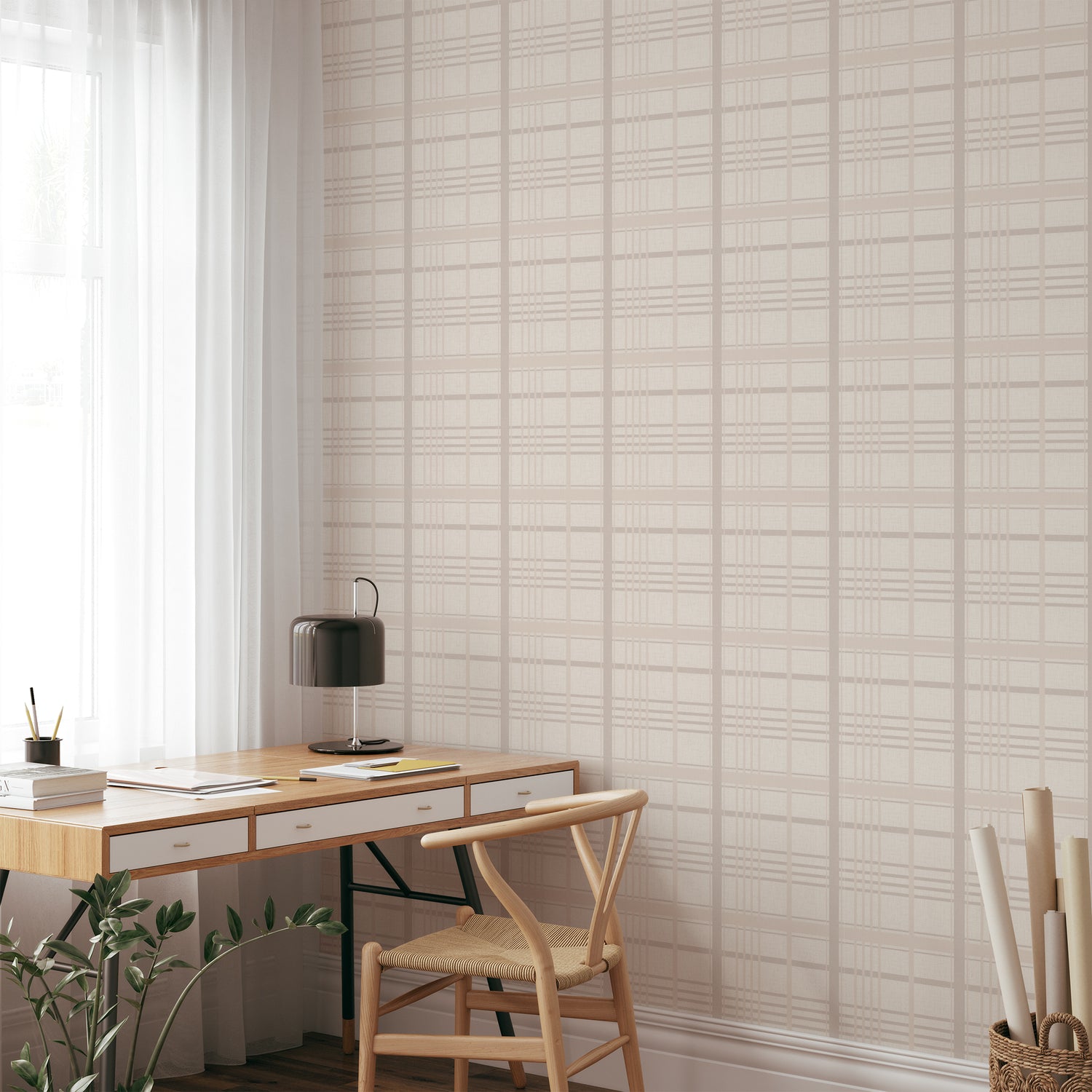 Rustic Reflections Wallpaper in Blush shown in an office.