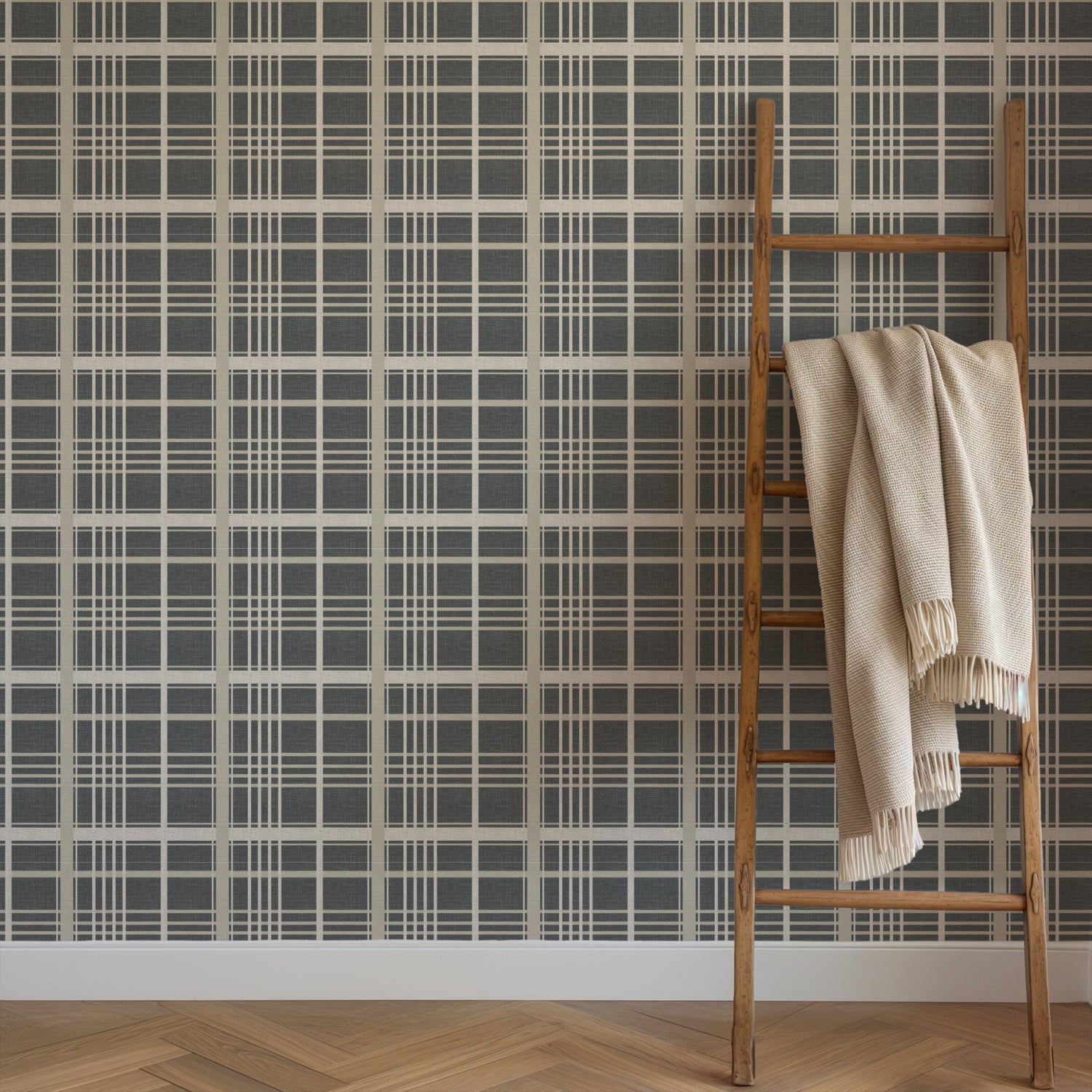 Rustic Reflections Wallpaper in Charcoal shown in a hallway.