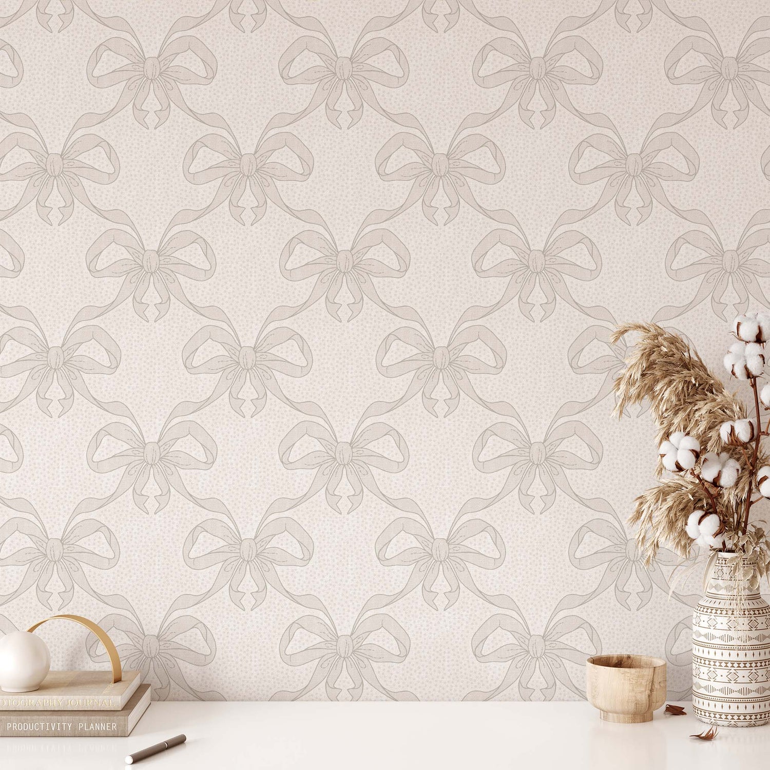 Ribbon Dance Wallpaper in Linen shown in an office.