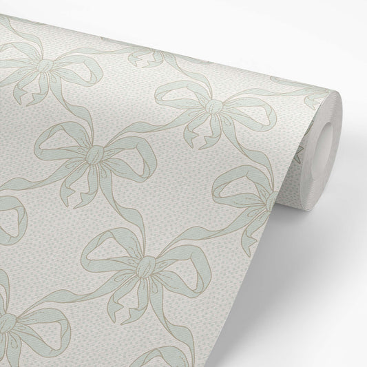 Ribbon Dance Wallpaper in Mint shown on a wallpaper roll.
