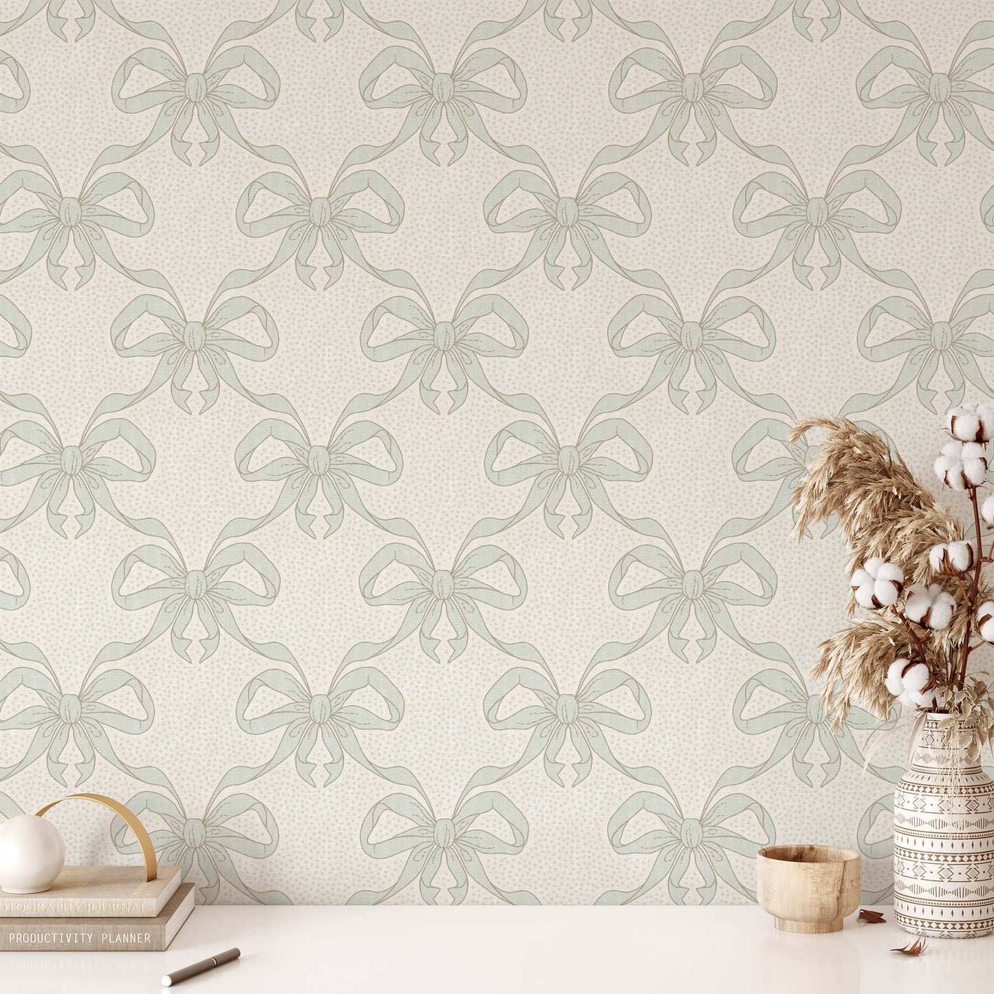 Ribbon Dance Wallpaper in Mint shown in an office.
