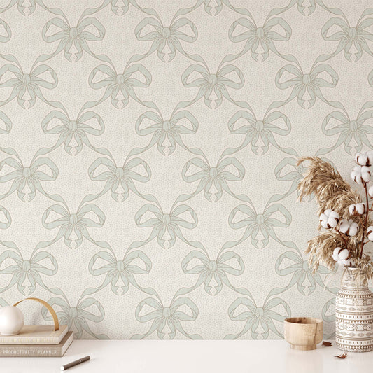 Ribbon Dance Wallpaper in Mint shown in an office.