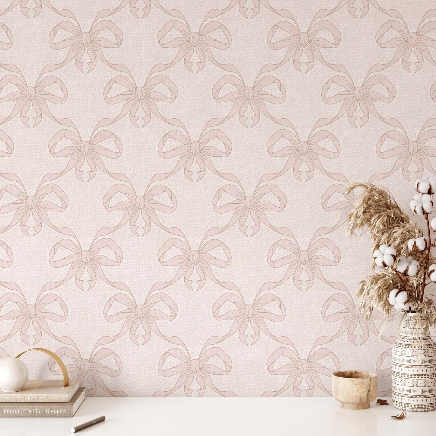 Ribbon Dance Wallpaper in Rose shown in an office.