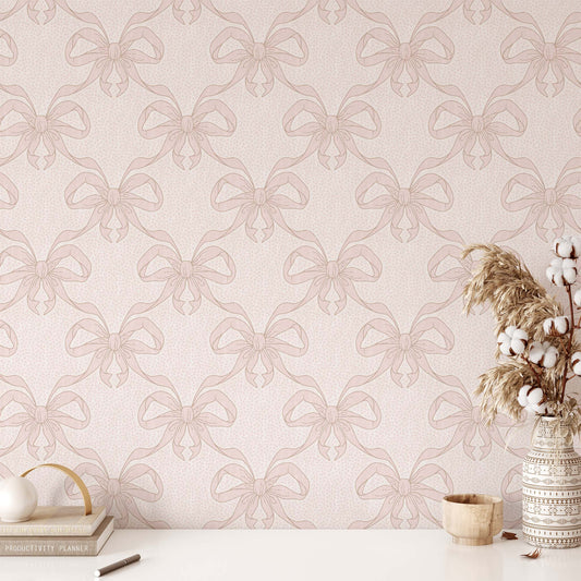 Ribbon Dance Wallpaper in Rose shown in an office.