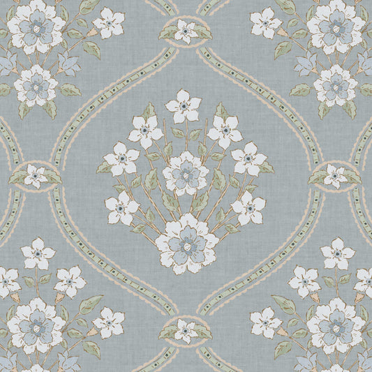 Closeup view of our Romantic Trellis Wallpaper in French Blue