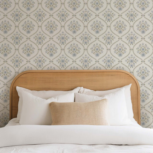 Romantic Trellis Wallpaper in Creamy Lace shown in a bedroom