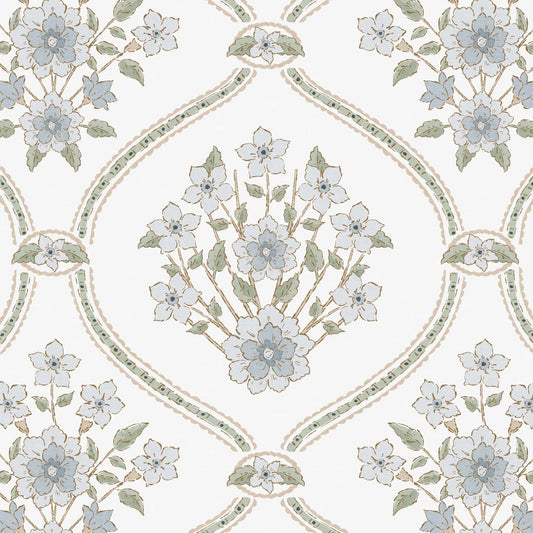 Romantic Trellis Wallpaper in White shown in a closeup view