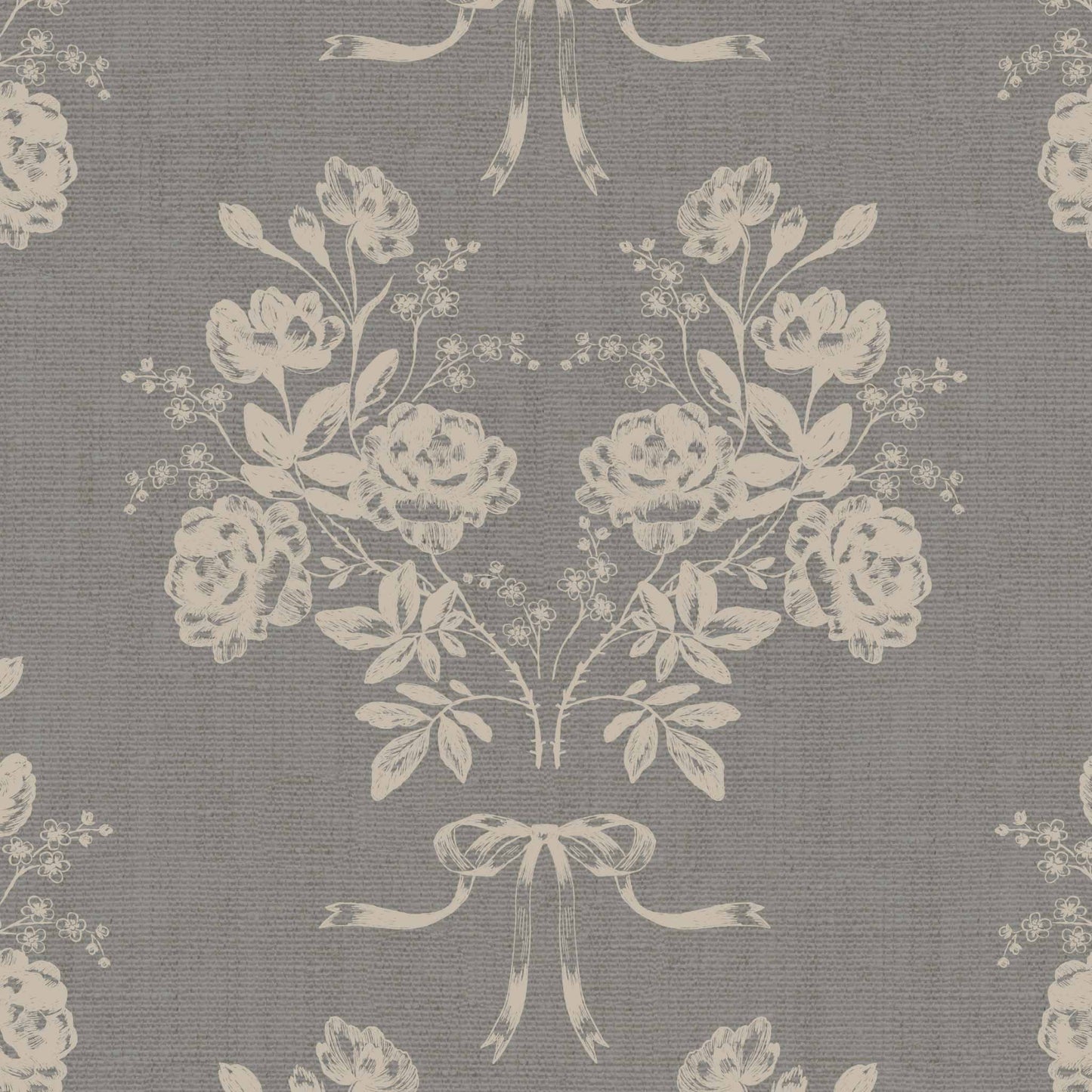 Roses and Ribbons Wallpaper in Ash shown up close.