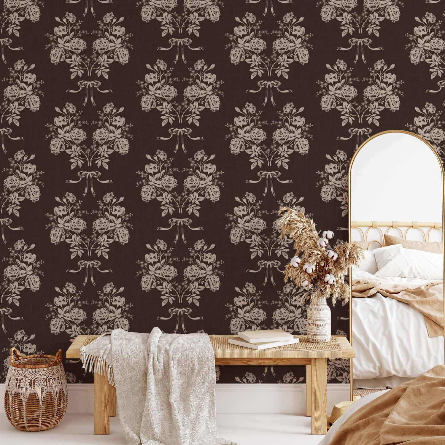 Roses and Ribbons Wallpaper in Espresso shown in a living room.