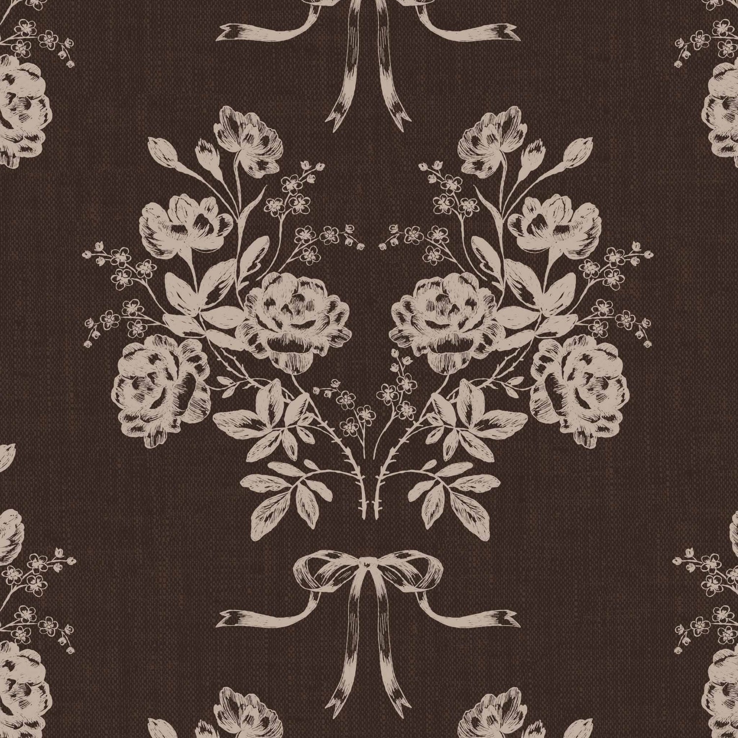 Roses and Ribbons Wallpaper in Espresso shown up close.