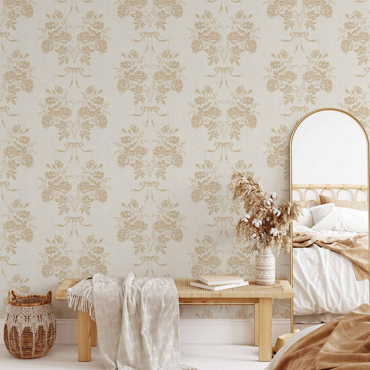 Roses and Ribbons Wallpaper in Ivory shown in a living room.