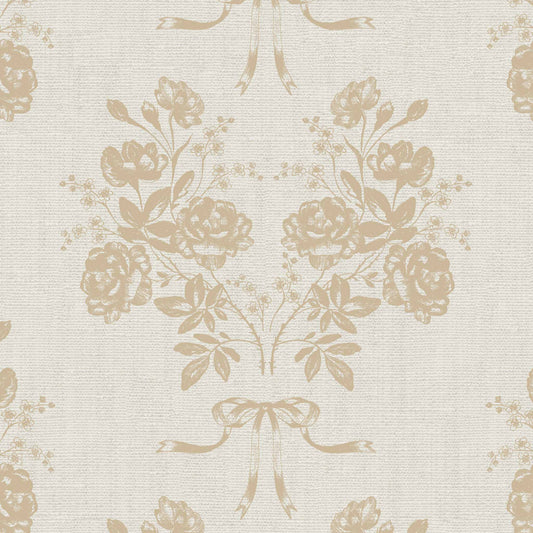 Roses and Ribbons Wallpaper in Ivory shown up close.