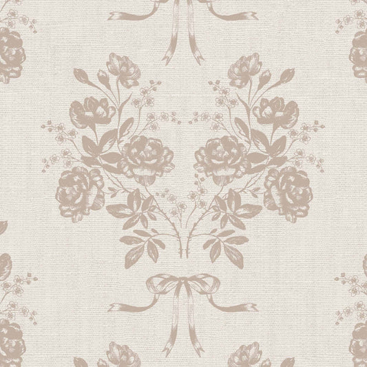 Roses and Ribbons Wallpaper in Light Rose shown up close.