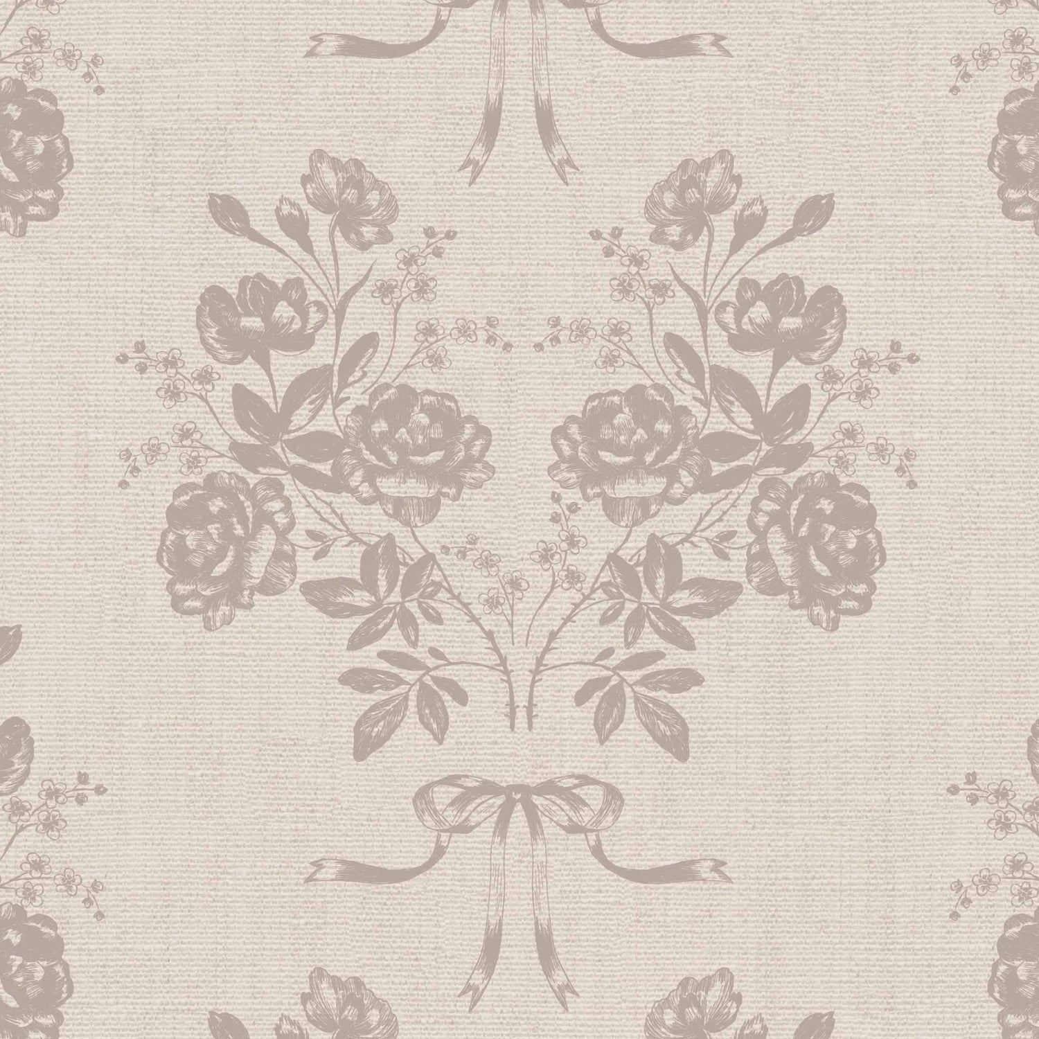 Roses and Ribbons Wallpaper in Mauve shown up close.