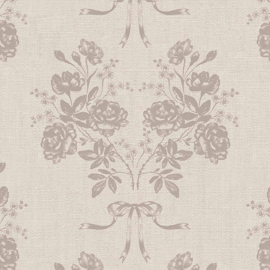 Roses and Ribbons Wallpaper in Mauve shown up close.