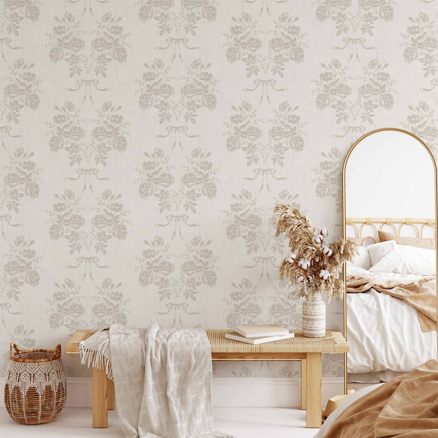 Roses and Ribbons Wallpaper in Off White shown in a living room.