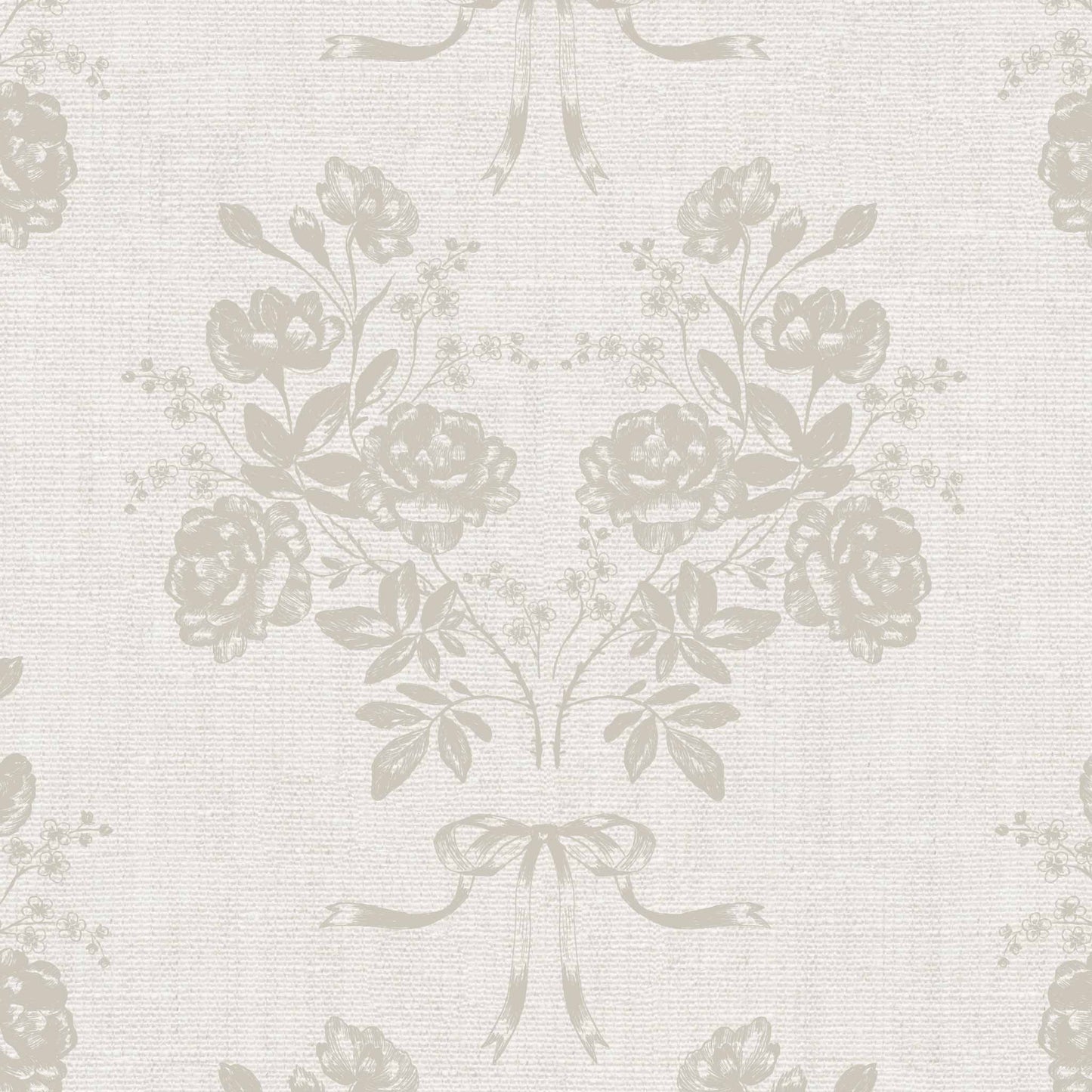 Roses and Ribbons Wallpaper in Off White shown close up.